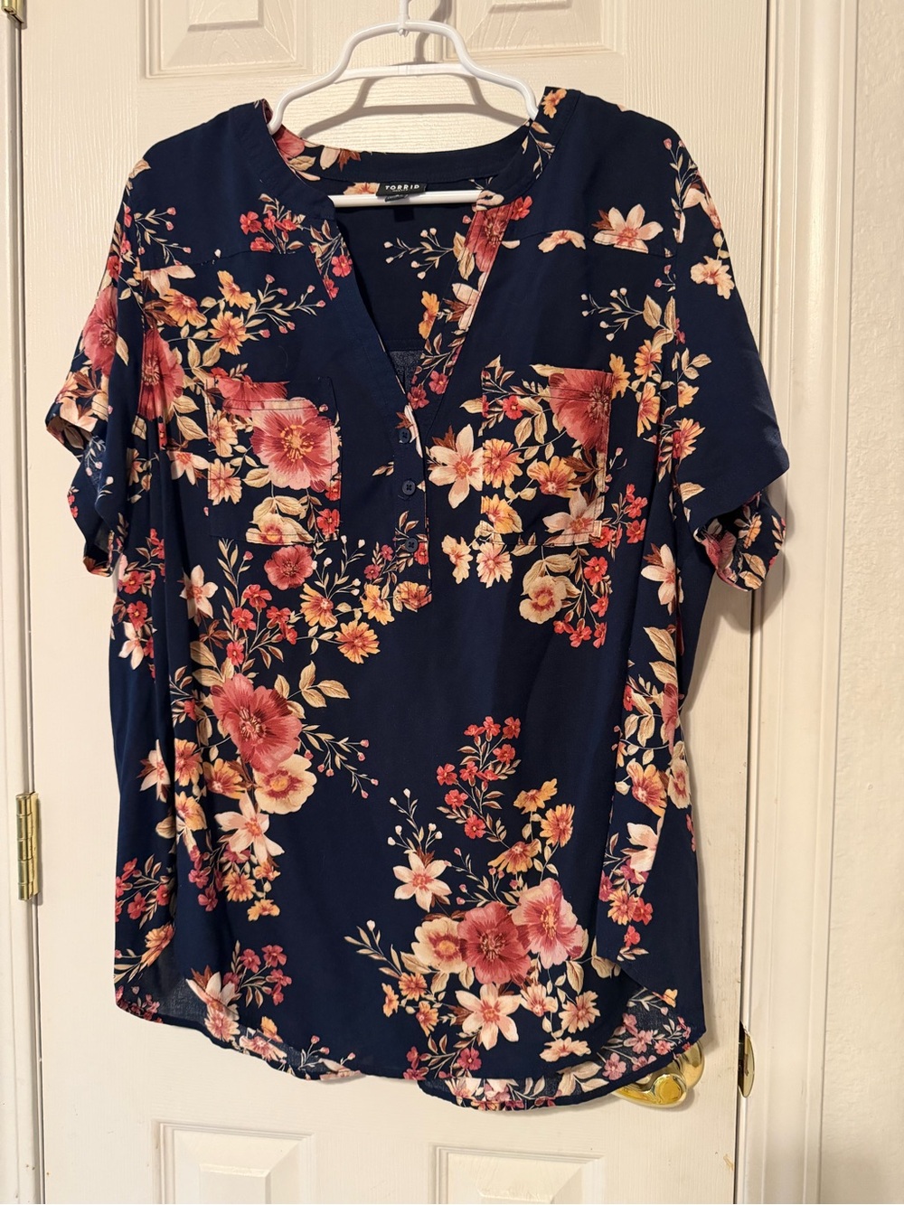 torrid Navy Floral Split-Neck Blouse with Short Sleeves